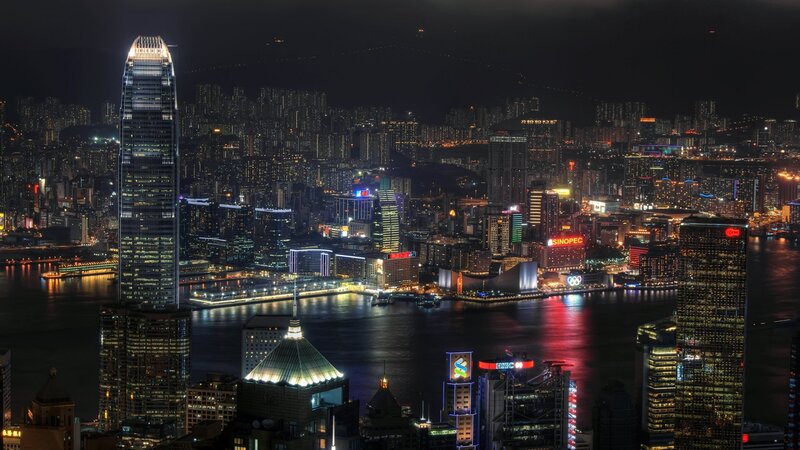 Hong Kong Skyline at Night — Black, Dramatic, Photograph, Skyscrapers, Harbor, City Lights, Buildings