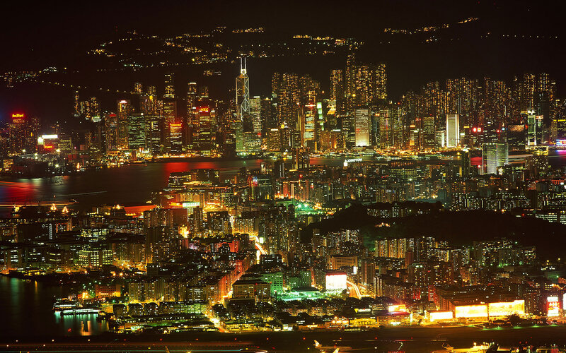 Hong Kong Skyline at Night — Black, Dramatic, Photograph, Skyscrapers, Harbor, Hills
