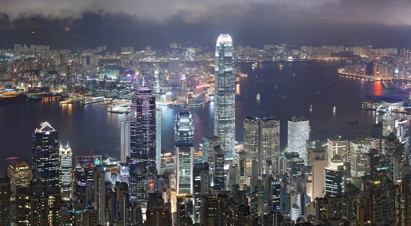 Hong Kong Skyline at Night — Black, Dramatic, Photograph, Skyscrapers, Harbor