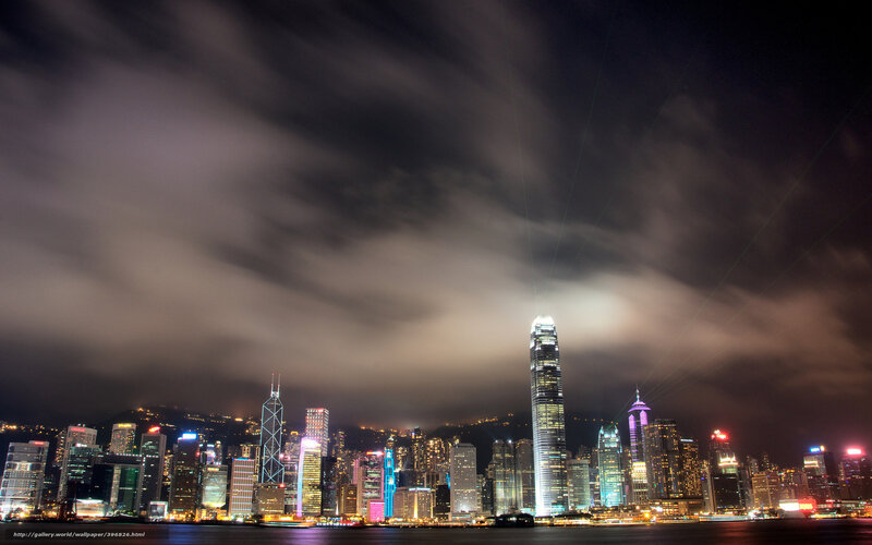 Hong Kong Skyline at Night — Black, Dramatic, Photograph, Skyscrapers, Lasers, Clouds