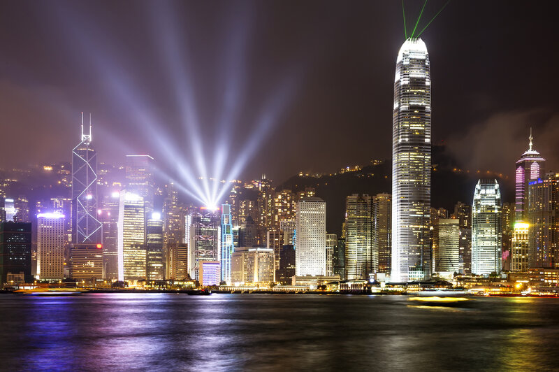 Hong Kong Skyline at Night — Black, Dramatic, Photograph, Skyscrapers, Lights