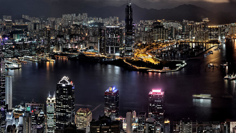 Hong Kong Skyline at Night — Black, Dramatic, Photograph, Skyscrapers