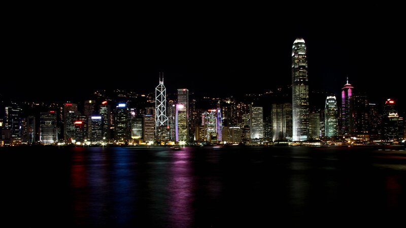 Hong Kong Skyline at Night — Black, Dramatic, Photograph, Skyscrapers, Water, City Lights, Blue