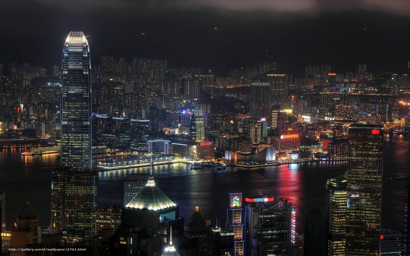 Hong Kong Skyline at Night — Black, Dramatic, Photograph
