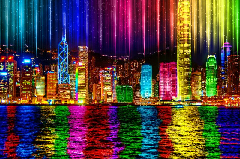 Hong Kong Skyline at Night — Blue, Dramatic, Digital Art