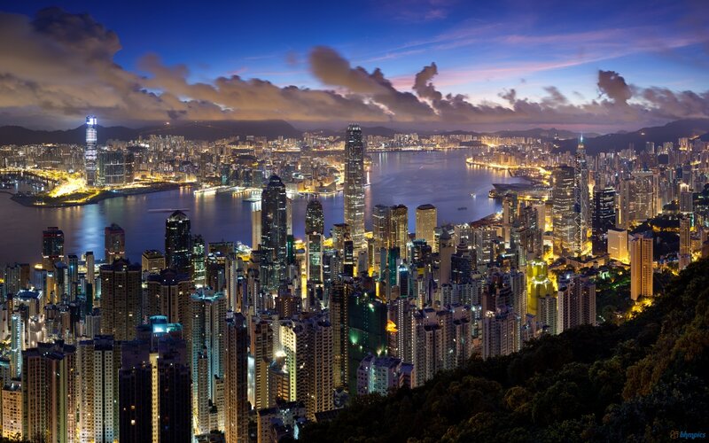 Hong Kong Skyline at Night — Blue, Dramatic, Photograph, Cityscape, Harbor