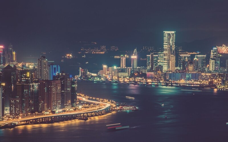 Hong Kong Skyline at Night — Blue, Dramatic, Photograph, Skyscrapers, Bridge