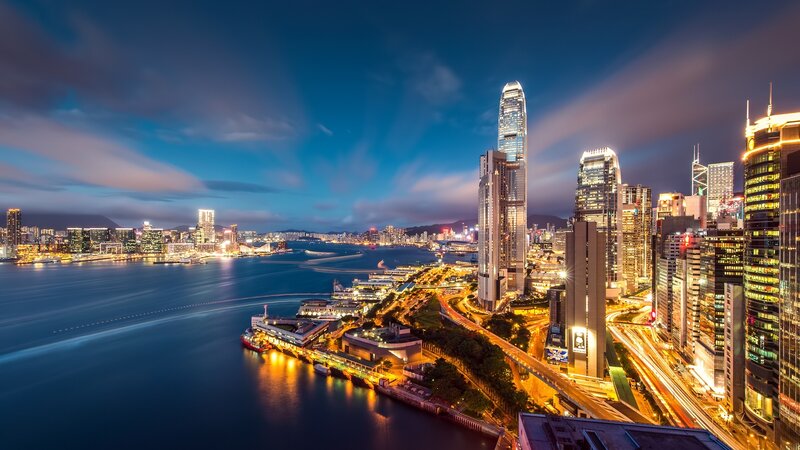 Hong Kong Skyline at Night — Blue, Dramatic, Photograph, Skyscrapers, Harbor, Highways