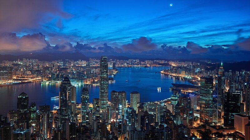 Hong Kong Skyline at Night — Blue, Dramatic, Photograph, Skyscrapers, Harbor, Moon