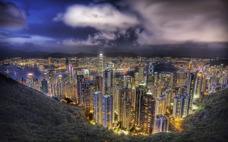 Hong Kong Skyline at Night — Blue, Dramatic, Photograph, Skyscrapers, Harbor, Mountain, Clouds, Black