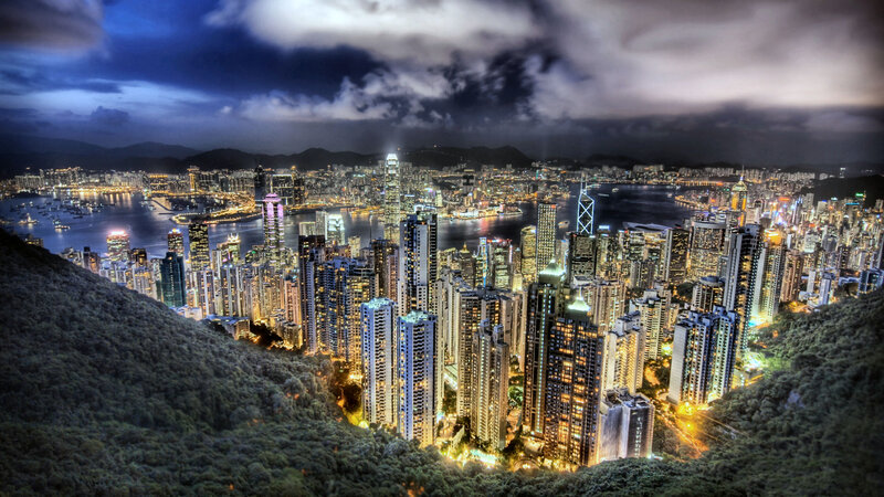 Hong Kong Skyline at Night — Blue, Dramatic, Photograph, Skyscrapers, Harbor, Mountain