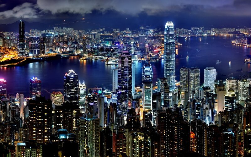 Hong Kong Skyline at Night — Blue, Dramatic, Photograph, Skyscrapers, Harbor, Mountains, Boats