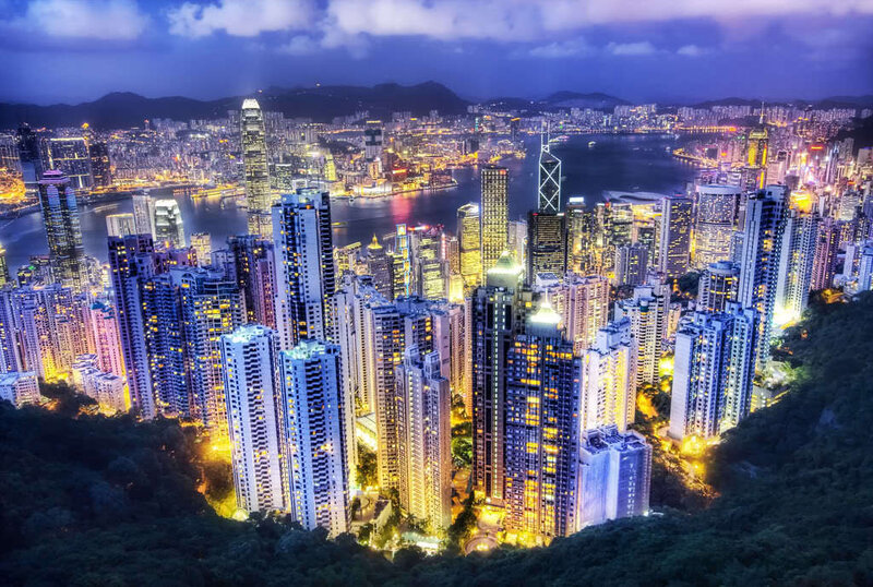 Hong Kong Skyline at Night — Blue, Dramatic, Photograph, Skyscrapers, Harbor, Mountains, City Lights