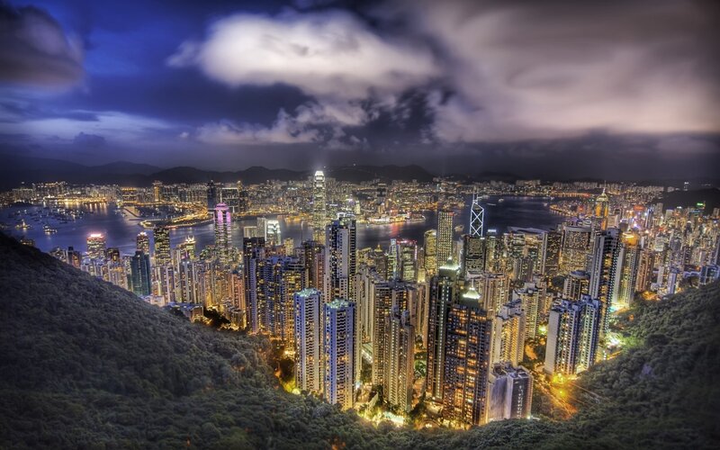 Hong Kong Skyline at Night — Blue, Dramatic, Photograph, Skyscrapers, Harbor