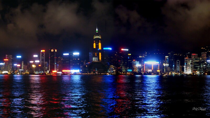 Hong Kong Skyline at Night — Blue, Dramatic, Photograph, Skyscrapers, Water, Clouds