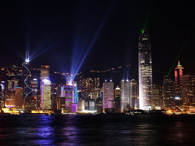 Hong Kong Skyline at Night — Dramatic, Lasers