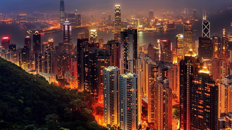 Hong Kong Skyline at Night — Orange, Dramatic, Photograph, Skyscrapers, Bay