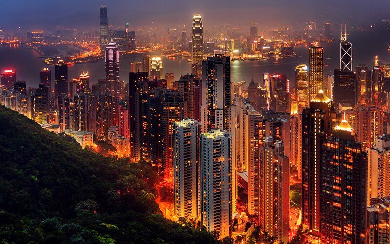 Hong Kong Skyline at Night — Orange, Dramatic, Photograph, Skyscrapers, Harbor, Mountain
