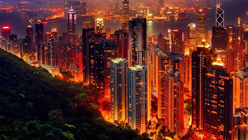 Hong Kong Skyline at Night — Orange, Dramatic, Photograph, Skyscrapers