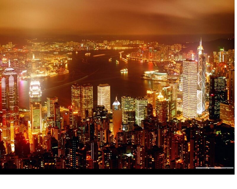 Hong Kong Skyline at Night — Orange, Dramatic, Photograph