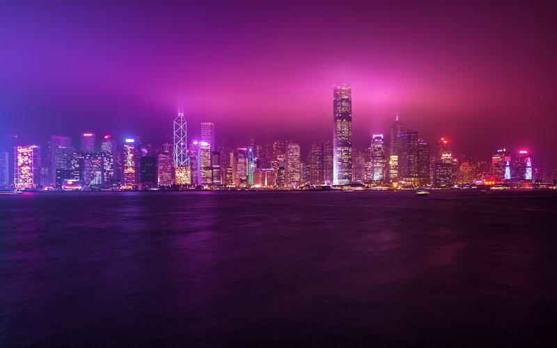 Hong Kong Skyline at Night — Purple, Dramatic, Photograph, Skyscrapers