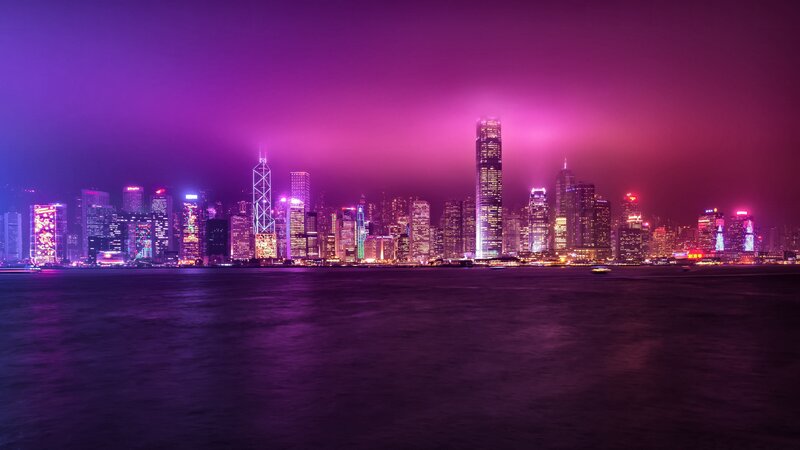 Hong Kong Skyline at Night — Purple, Dramatic, Photograph, Skyscrapers, Water