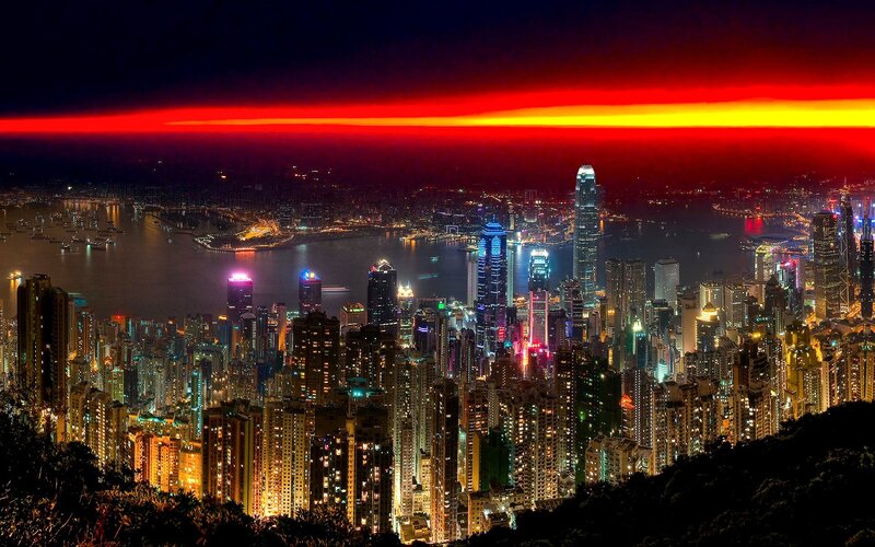 Hong Kong Skyline at Night — Red, Dramatic, Photograph