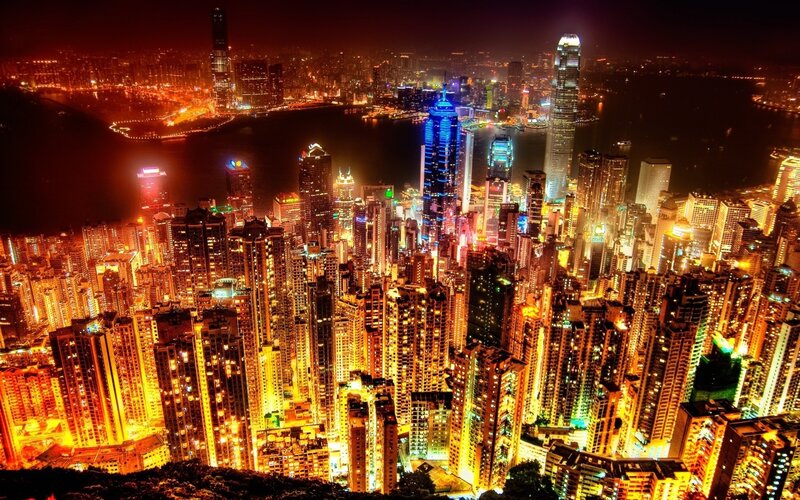 Hong Kong Skyline at Night — Yellow, Dramatic, Photograph
