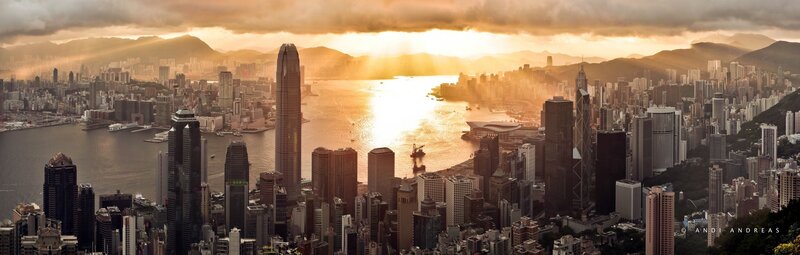 Hong Kong Skyline at Sunset — Orange, Dramatic, Photograph, Skyscrapers, Bay
