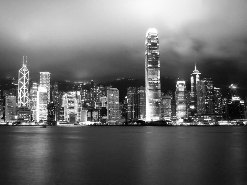 Hong Kong Skyline — Black, Dramatic, Night, Photograph, Skyscrapers, Water, Clouds