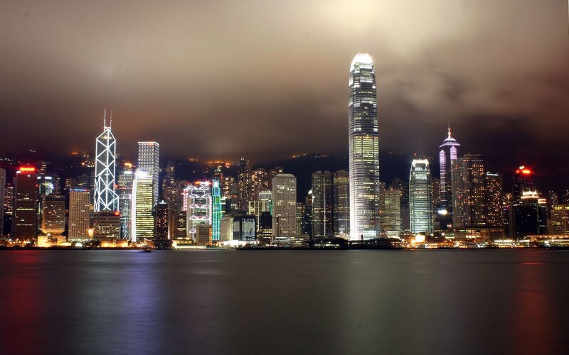 Hong Kong Skyline — Black, Dramatic, Night, Photograph, Skyscrapers, Water, Clouds, White