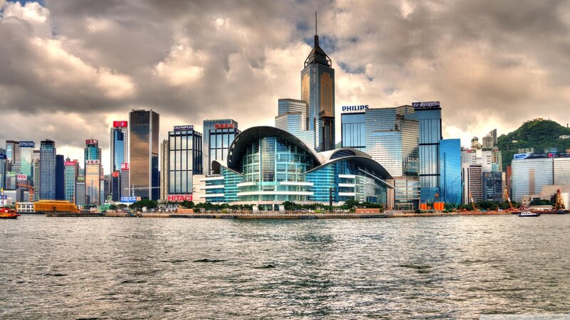 Hong Kong Skyline — Blue, Dramatic, Afternoon, Photograph, Skyscrapers, Bay
