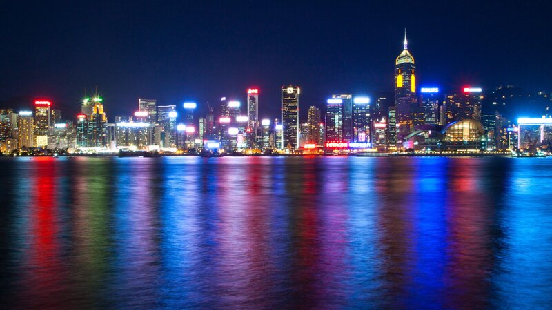 Hong Kong Skyline — Blue, Dramatic, Night, Photograph, Buildings