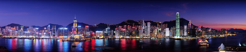 Hong Kong Skyline — Blue, Dramatic, Night, Photograph, Buildings, Water, Mountains