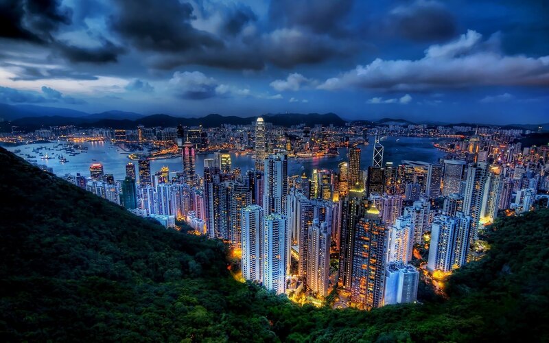 Hong Kong Skyline — Blue, Dramatic, Night, Photograph, City