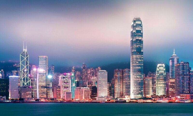 Hong Kong Skyline — Blue, Dramatic, Night, Photograph, Skyscrapers, Bay