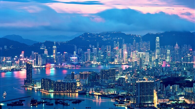 Hong Kong Skyline — Blue, Dramatic, Night, Photograph, Skyscrapers, Harbor, Mountains