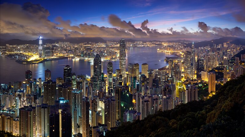 Hong Kong Skyline — Blue, Dramatic, Night, Photograph, Skyscrapers, Harbor