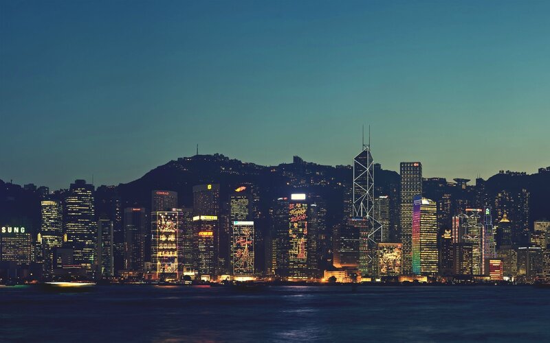 Hong Kong Skyline — Blue, Dramatic, Night, Photograph, Skyscrapers, Mountain, Water