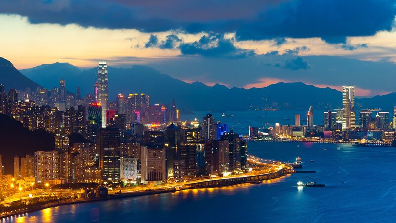 Hong Kong Skyline — Blue, Dramatic, Night, Photograph, Skyscrapers, Mountains