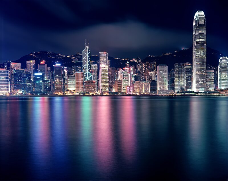 Hong Kong Skyline — Blue, Dramatic, Night, Photograph, Skyscrapers, Water, Mountains, Black