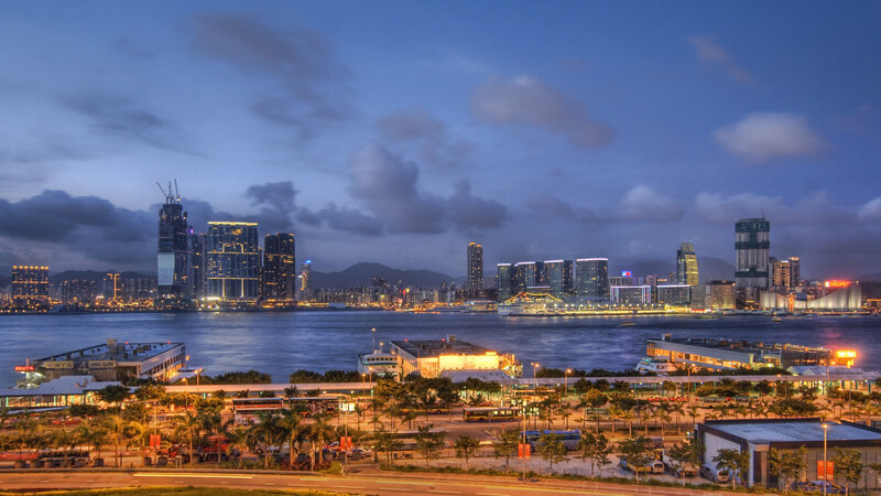Hong Kong Skyline — Blue, Dramatic, Night, Photograph, Skyscrapers, Water