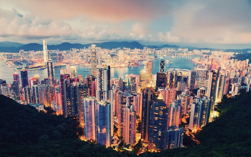 Hong Kong Skyline — Blue, Dramatic, Sunset, Photograph, Skyscrapers, Harbor, Mountains, Trees