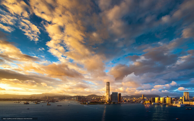 Hong Kong Skyline — Blue, Dramatic, Sunset, Photograph, Skyscrapers, Sea
