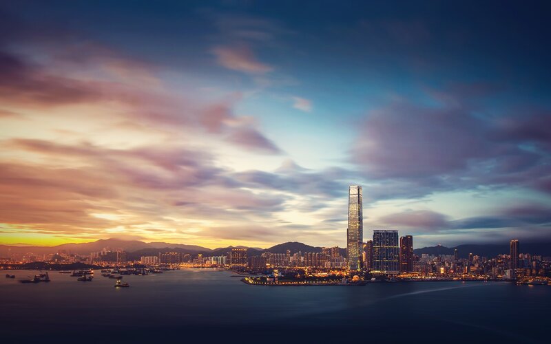 Hong Kong Skyline — Blue, Dramatic, Sunset, Photograph, Skyscrapers
