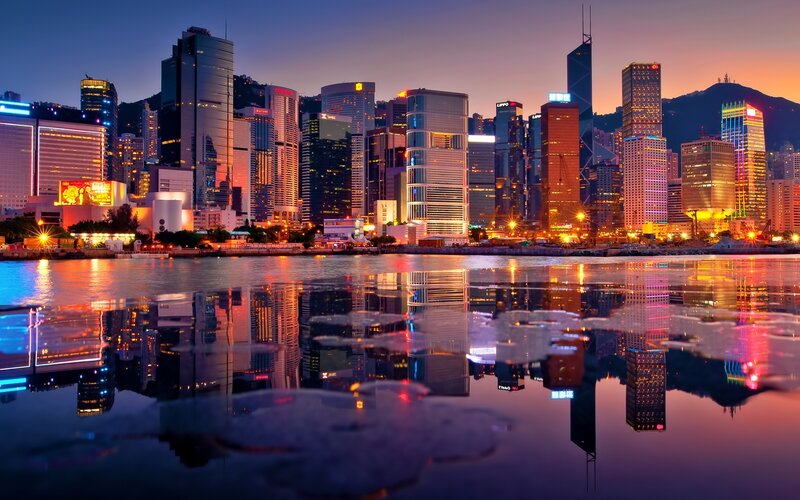 Hong Kong Skyline — Blue, Dramatic, Sunset, Photograph, Skyscrapers, Water