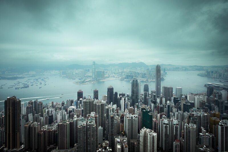 Hong Kong Skyline — Gray, Overcast, Photograph, Skyscrapers, Harbor