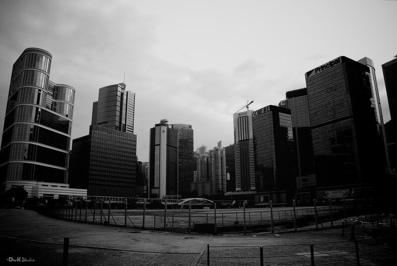 Hong Kong skyline in black and white