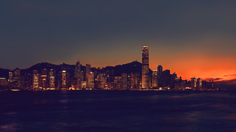 Hong Kong Skyline — Orange, Dramatic, Sunset, Photograph, Buildings