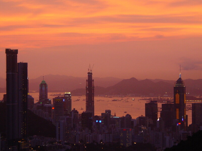 Hong Kong Skyline — Orange, Dramatic, Sunset, Photograph, Skyscrapers, Bay, Mountains